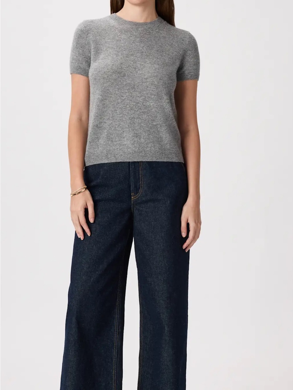 Quince Heather Gray Short-Sleeve Cashmere Crewneck Sweater